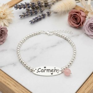 Pulsera de Bolitas de Plata con Placa Personalizada y Detalle de Cuarzo Rosa - Imagen 1